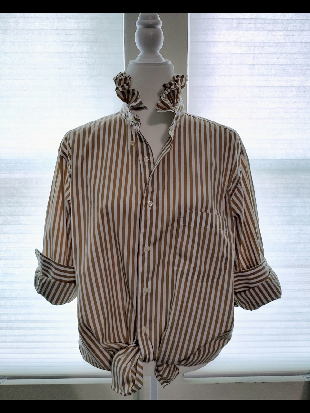 Women’s Brown & White Striped Ruffle-Collar Button-Down Shirt